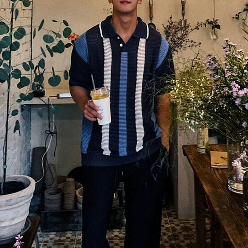 Stylish Striped Hollow Out Knit Polo Shirt