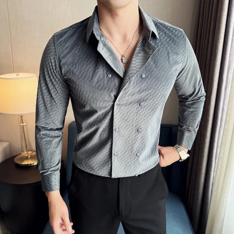 Solid Double Breasted Velvet Casual Shirt