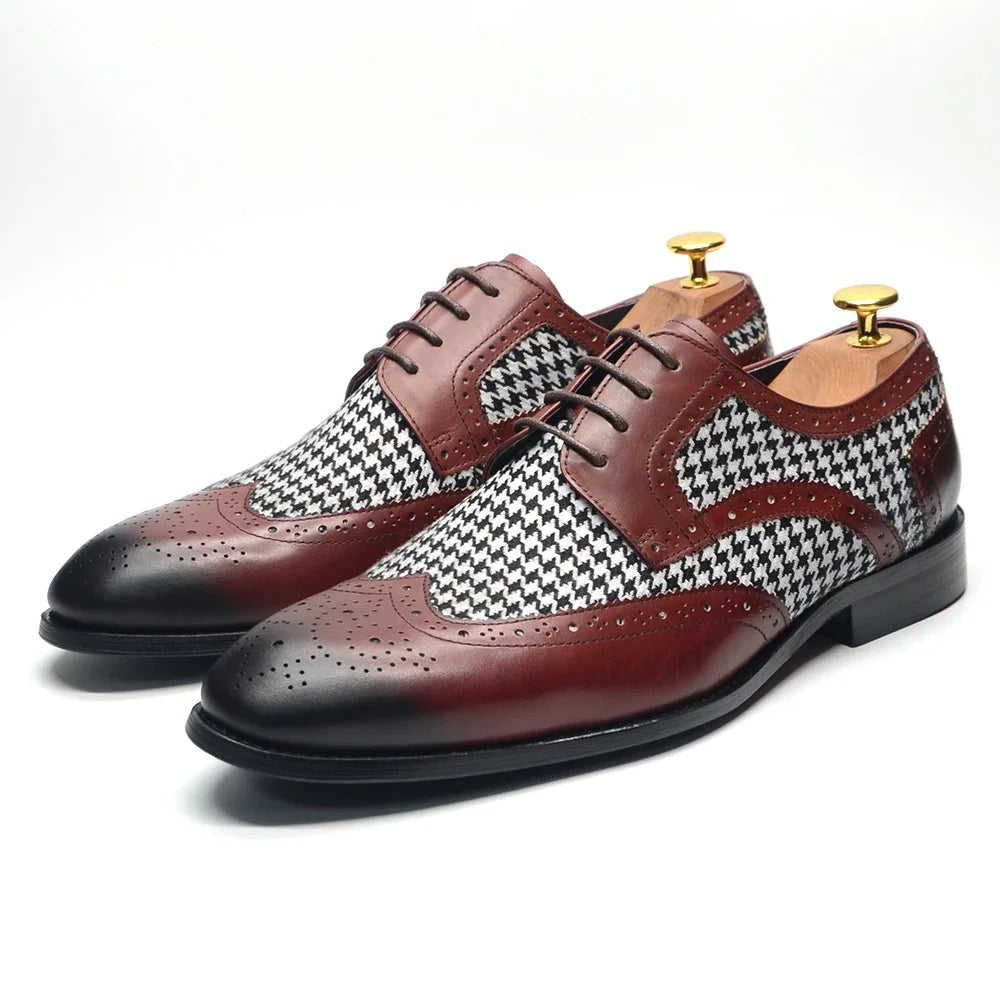 Patchwork Houndstooth Leather Brogue Shoes