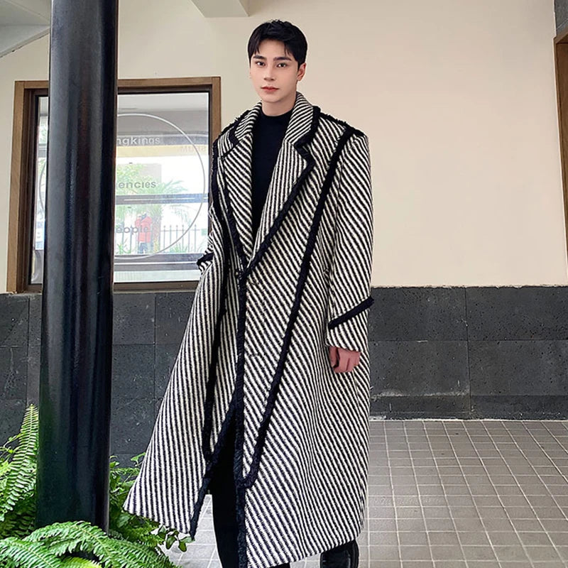 Striped Woolen Twill Lapel Coat