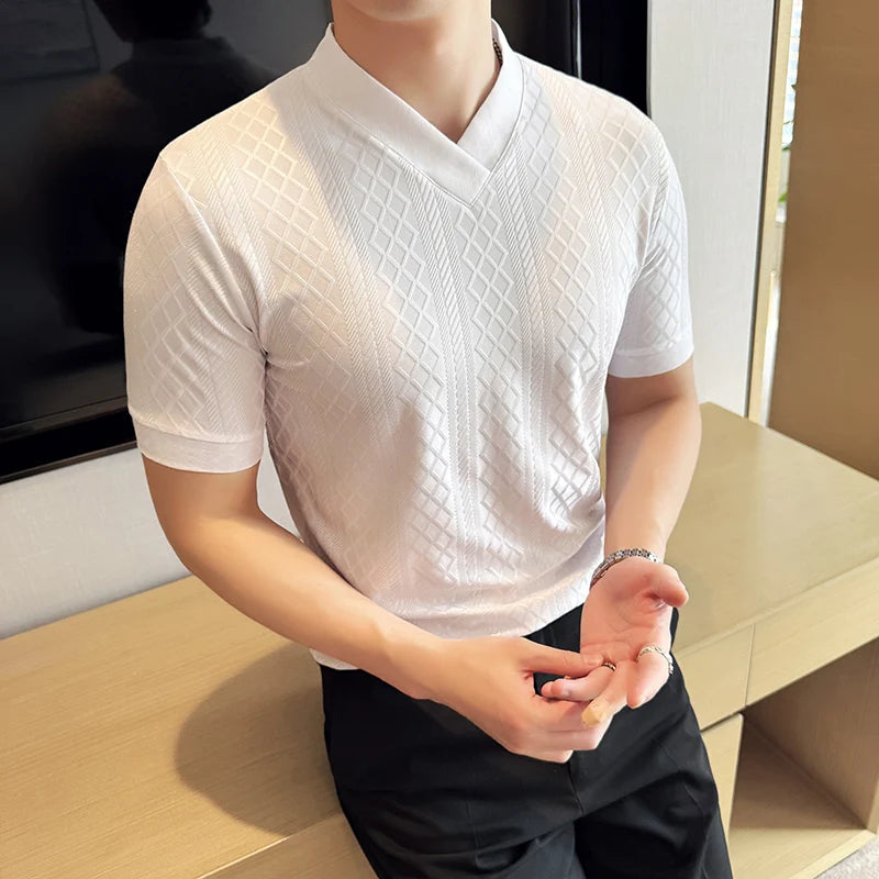 V-Neck Geometric Textured Casual T-Shirt