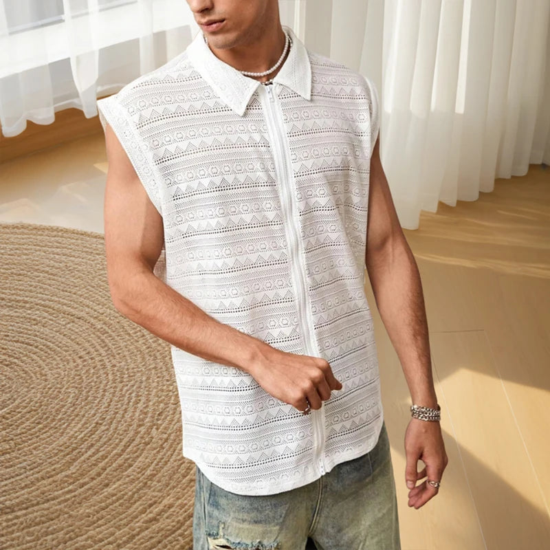 White Geometric Zipper Tank Top