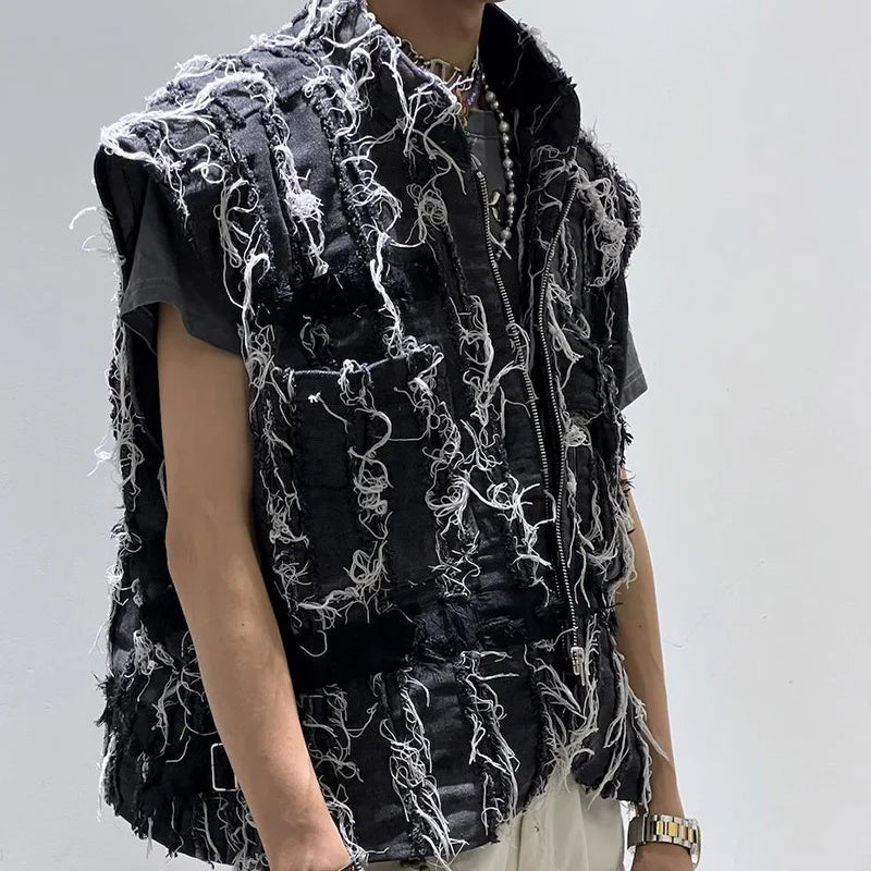 Ripped Denim Zipper Closure Vest