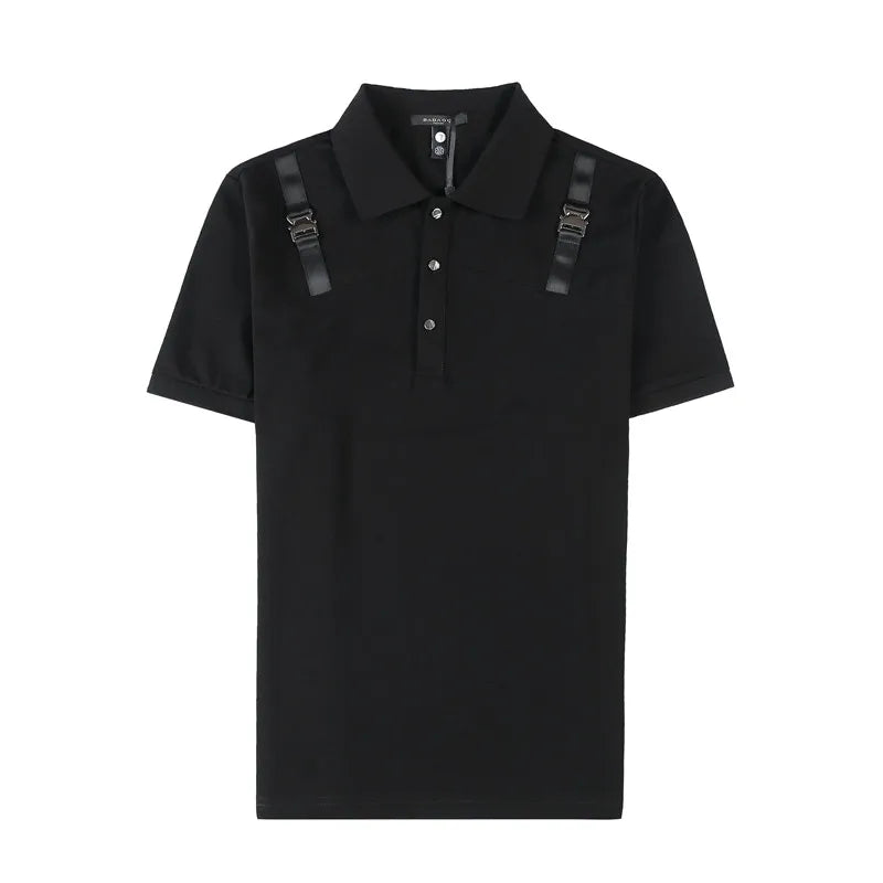 Patchwork Buckle Shoulder Solid Polo Shirt