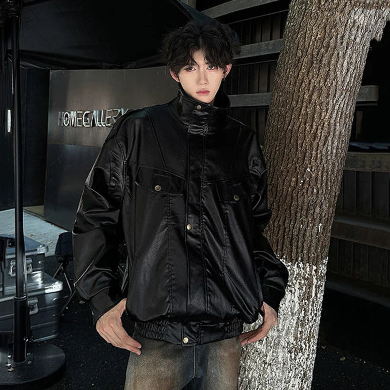 Black Solid Color PU Leather Jacket