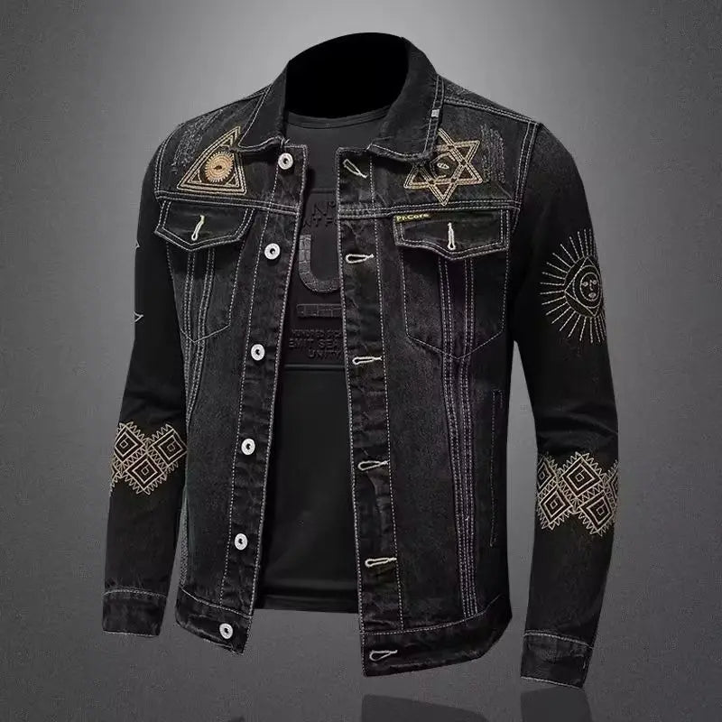 Black Embroidered Motorcycle Denim Jacket
