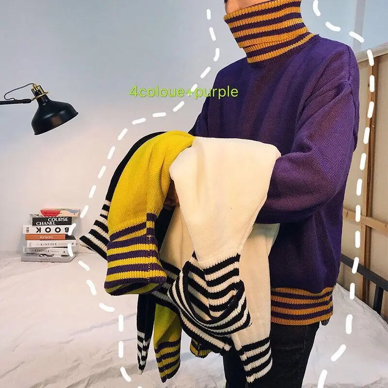 Knitted Striped Turtleneck Loose Sweater