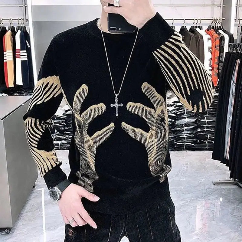 Letter Color-Blocking Round Neck Sweater