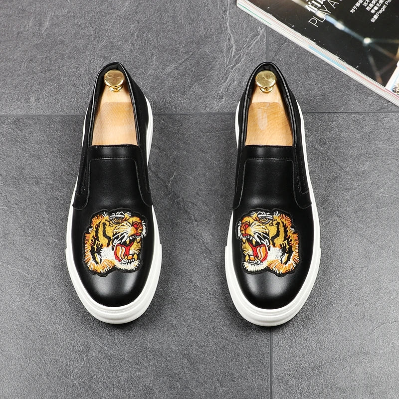Tiger Embroidery Microfiber Black Loafers