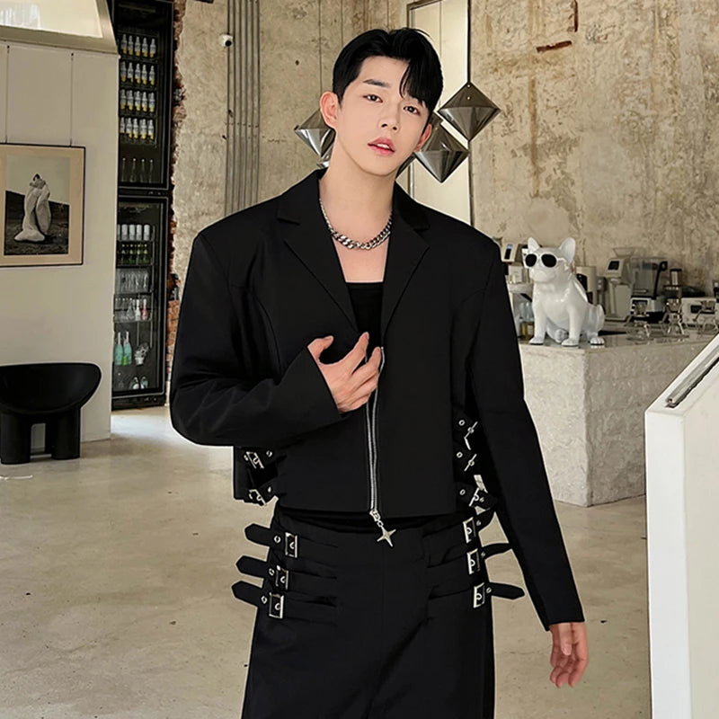 Black Color Buckle Decor Pants Set