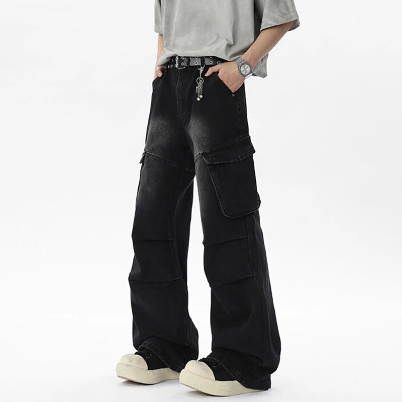 Casual Pleated Pockets Wide Leg Jeans