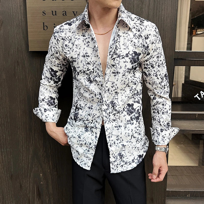 White Printed Long Sleeve Men Shirt