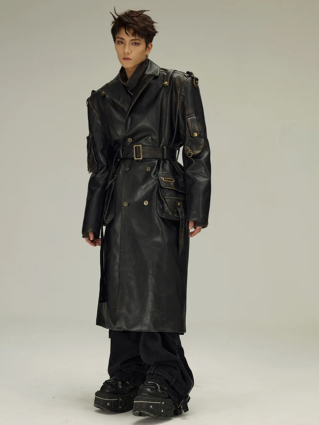 Distressed Black PU Leather Trench Coat