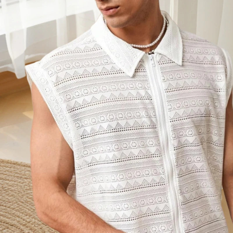 White Geometric Zipper Tank Top