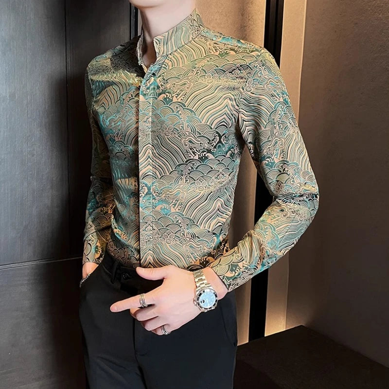 Geometric Printed Stand Up Collar Shirt