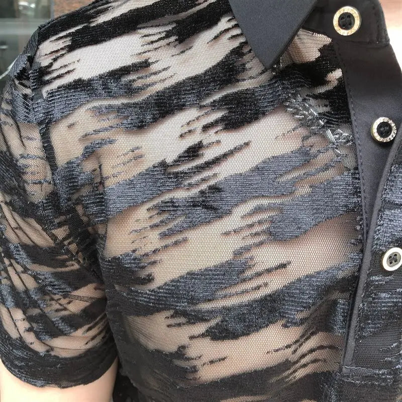 See Through Mesh Black Polo Shirt