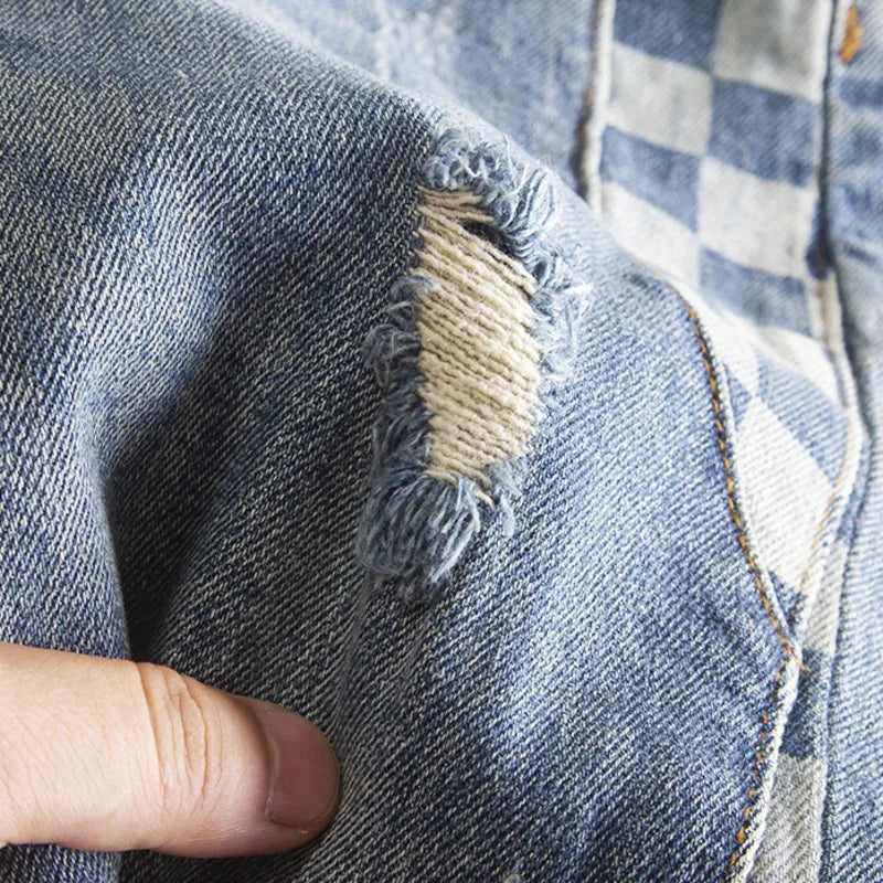 Side Plaid Blue Regular Ripped Jeans