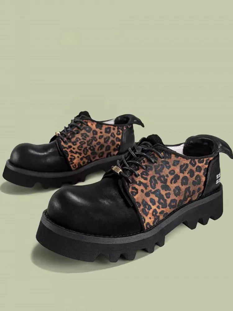 Cowhide Genuine Leather Spliced Leopard Shoes