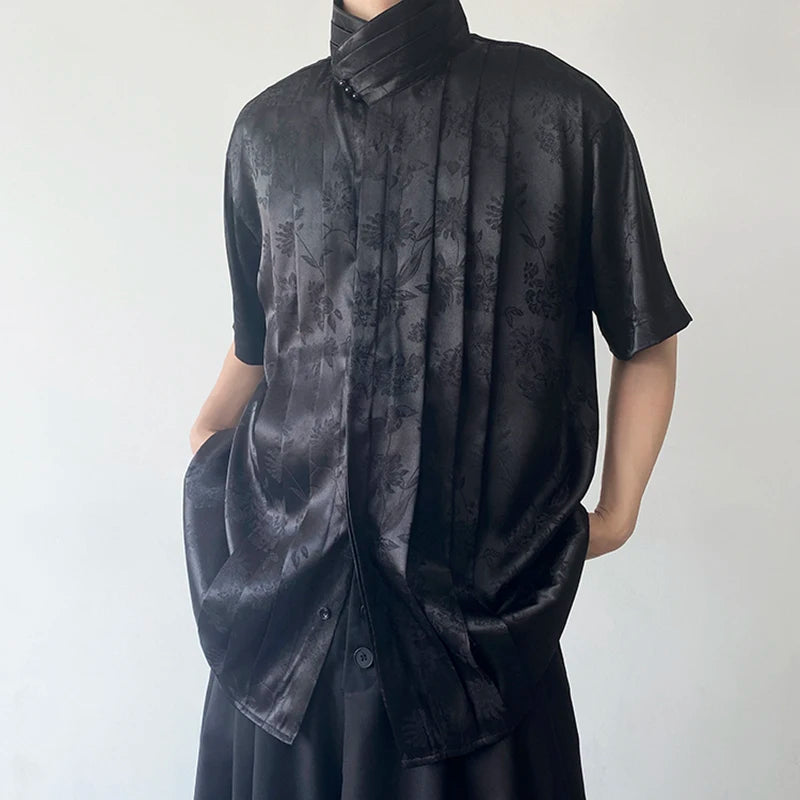 Pleated Flowers Stand Collar Shirt
