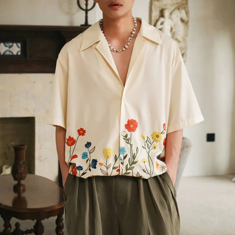 Flower Printing Lapel Short Sleeve Shirt