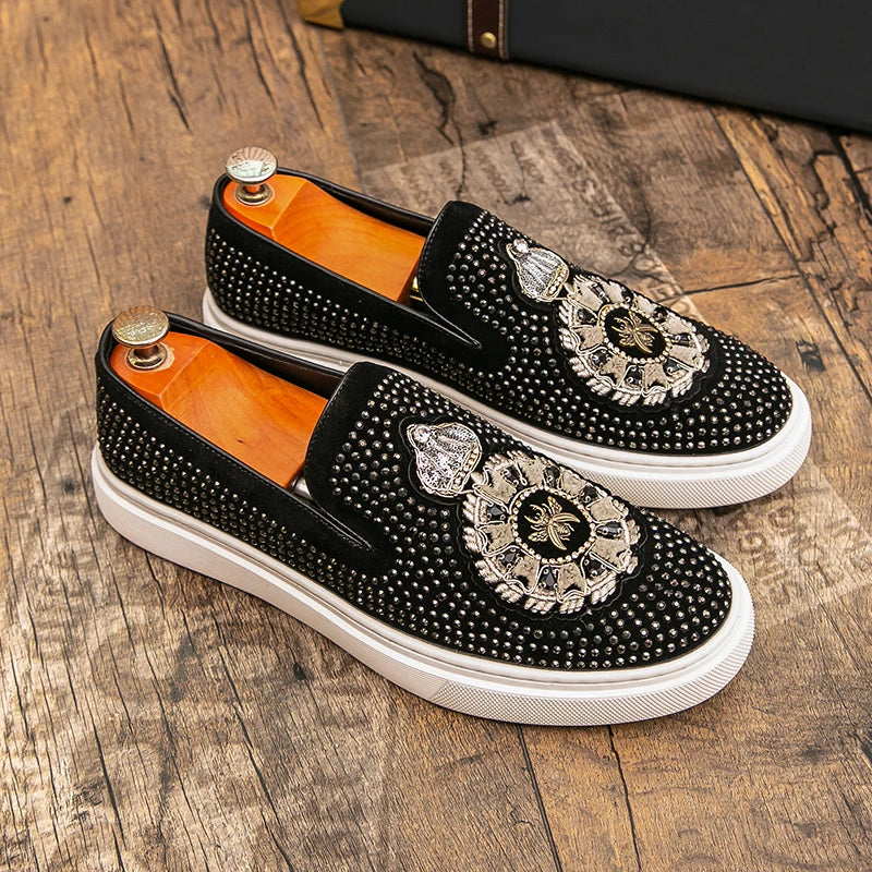 Embroidery With Rhinestone Spikes Loafers