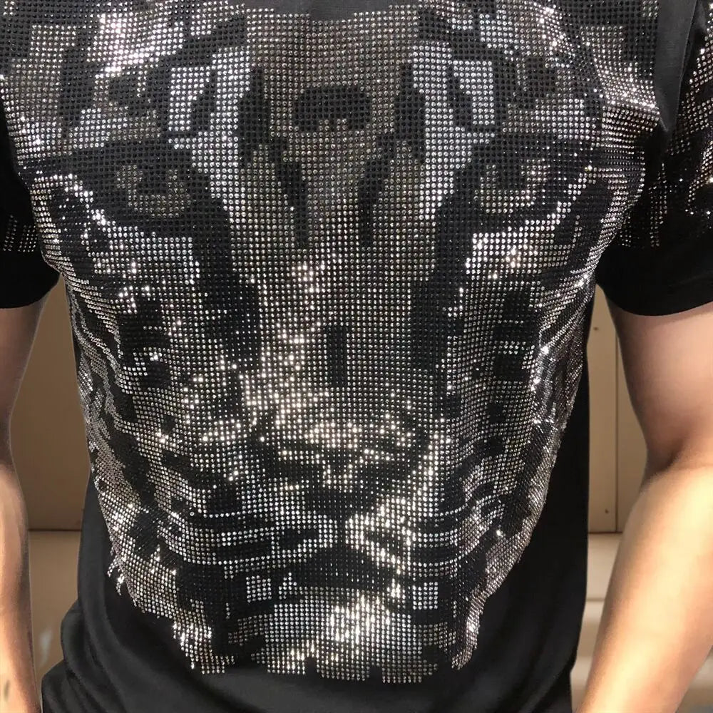 Tiger Head Rhinestone Short Sleeve T-Shirt