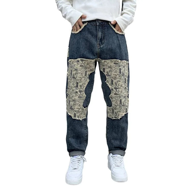 Industrial Retro Blue Patchwork Jeans