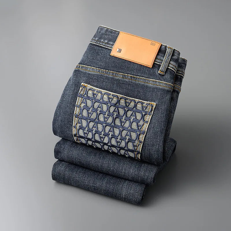 Embroidery Letter Pocket Blue Jeans