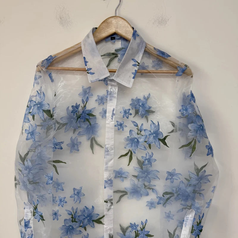 Floral Decoration Sheer Organza Shirt