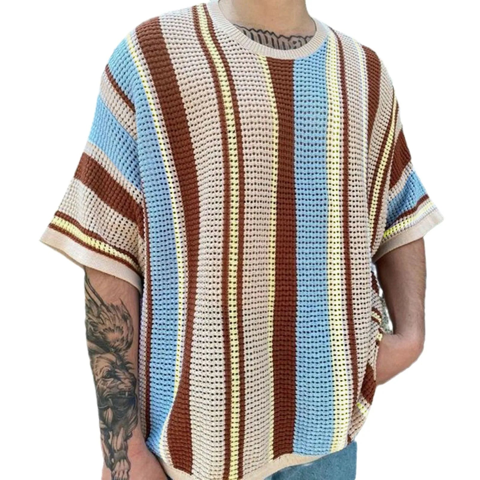 Vertical Striped Knit O-Neck T-Shirt