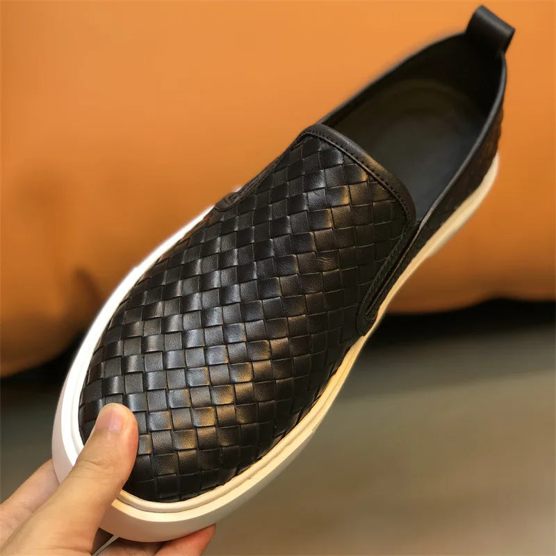 Woven Pattern Leather Flat Slip-On Shoes