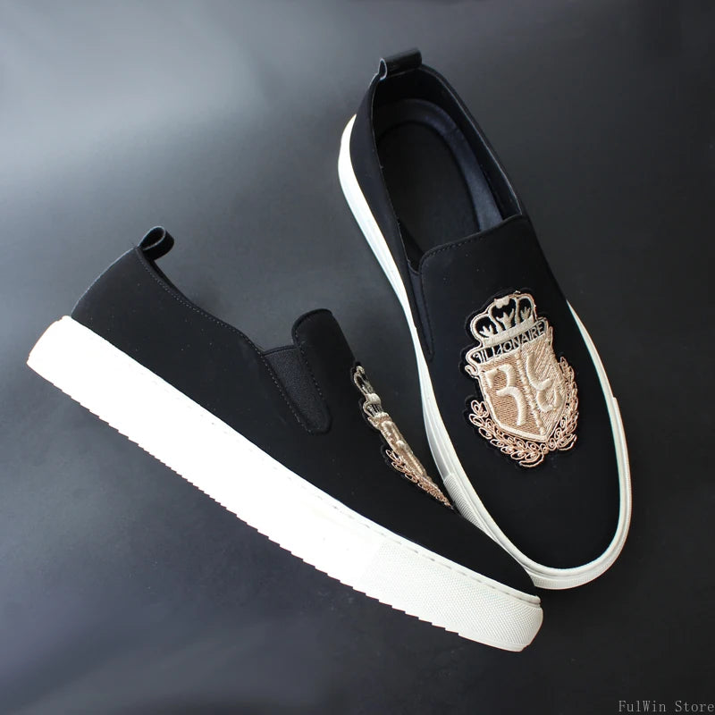 Embroidery Black Suede Leather Loafers