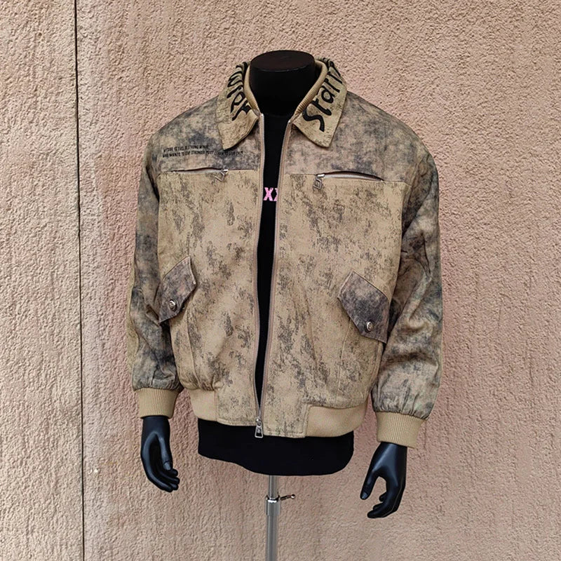 Distressed Graphic Collar Bomber Jacket