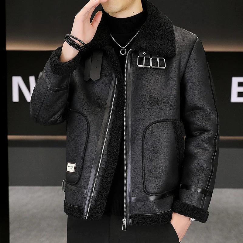 Lines Spliced Faux Fur Pockets Jacket