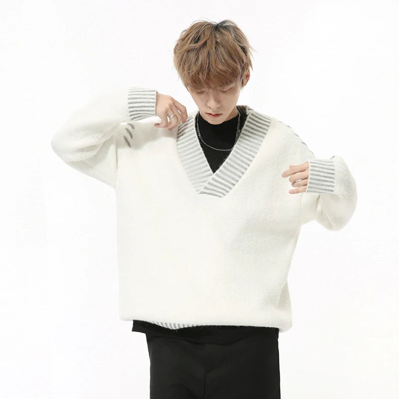 Casual Big V-neck Contrast Color Pullover