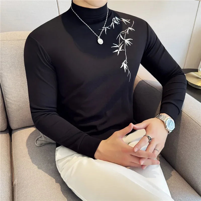 Solid Embroidered Turtleneck T-Shirt