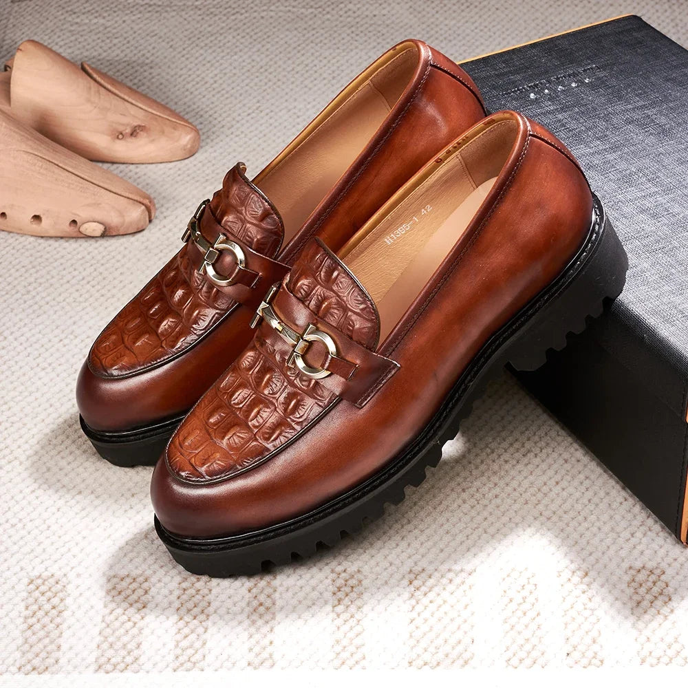 Genuine-Leather Snakeskin Pattern Appliques Loafers