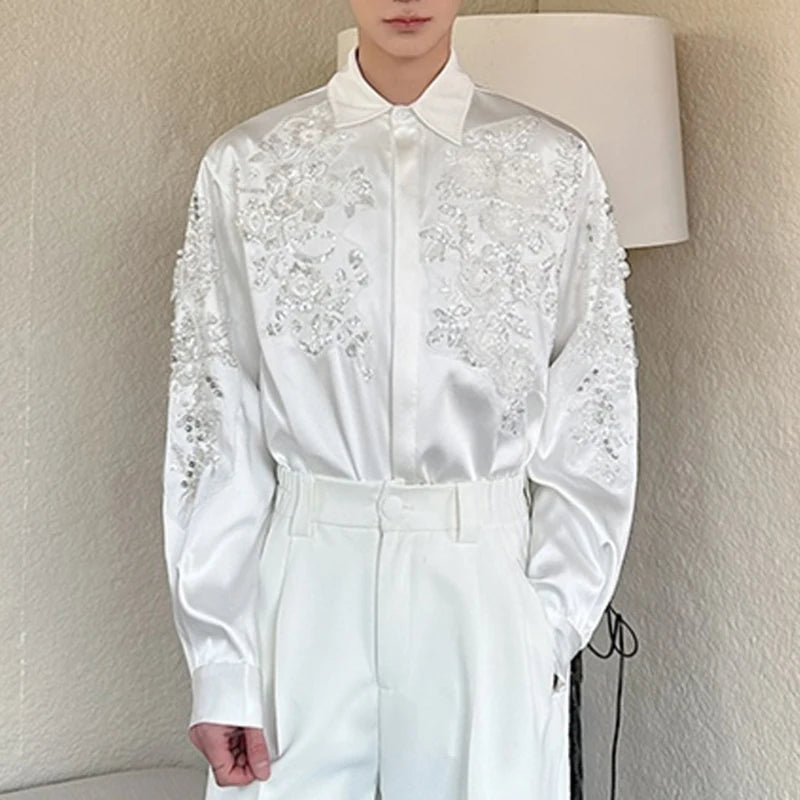 Solid Lapel Sequin Embroidered Shirt
