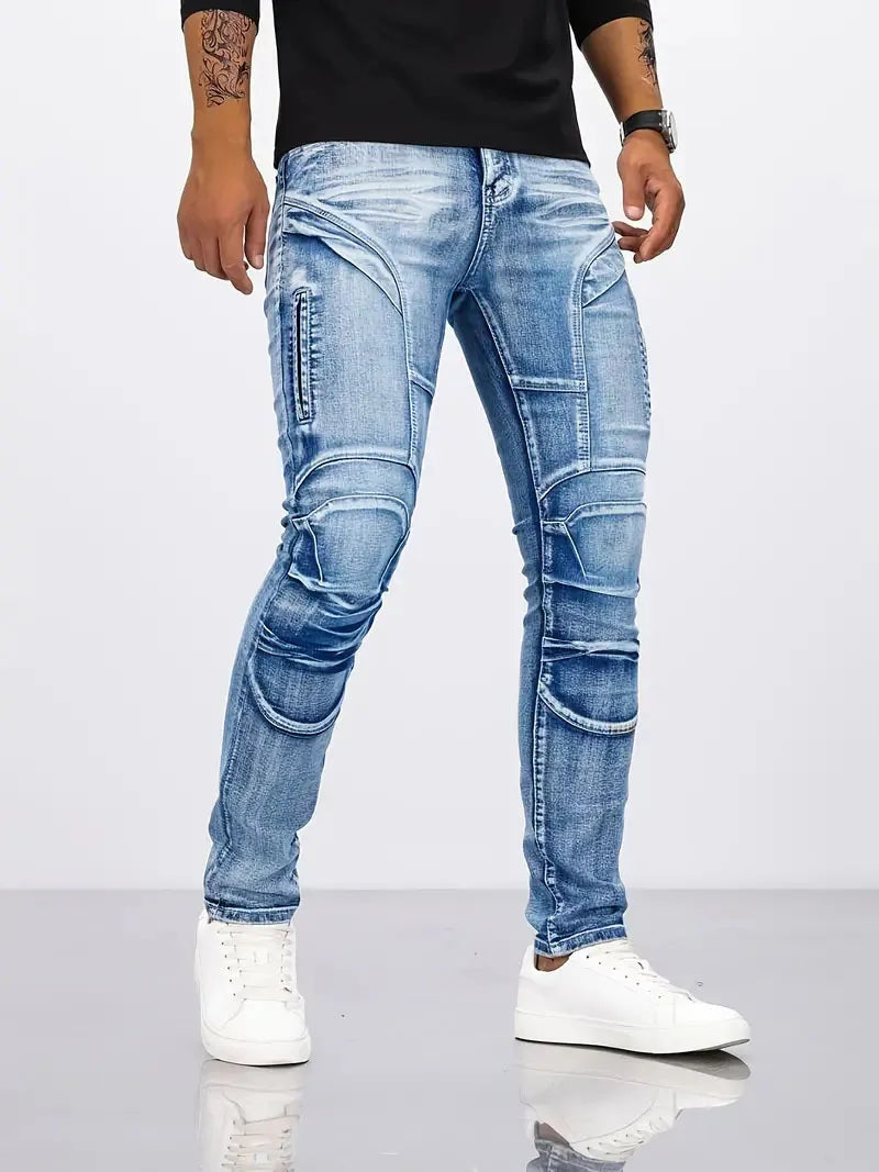 Two-Tone Distressed Slim Straight Jeans