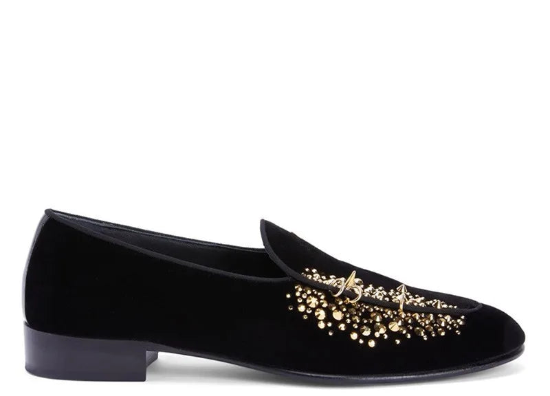 Studs Spike Black Blue Velvet Loafers