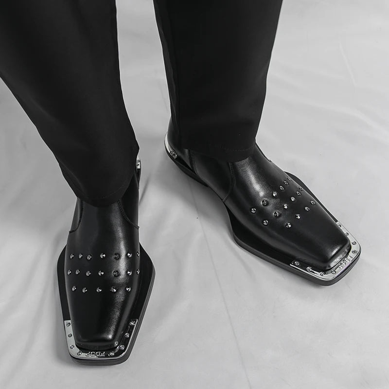 Patchwork Rivet PU Square Tip Boots