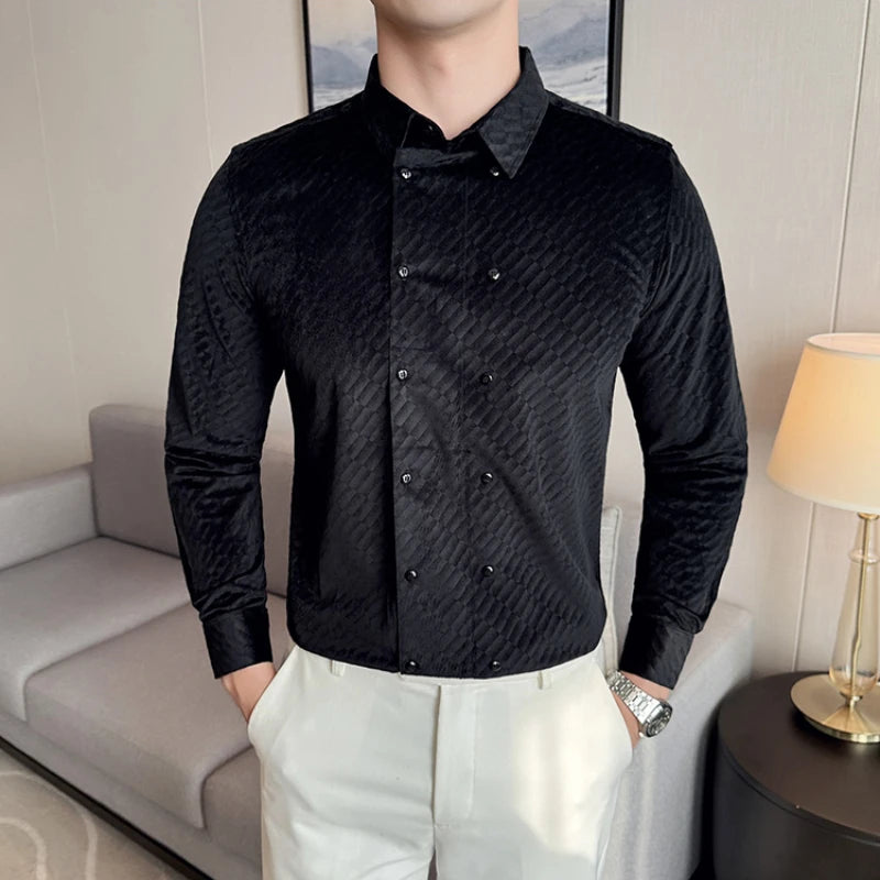 Solid Double Breasted Velvet Casual Shirt