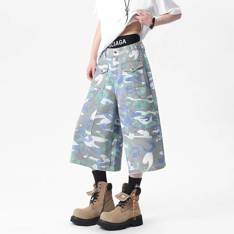 Casual Camouflage Multi-Pocket Denim Capri