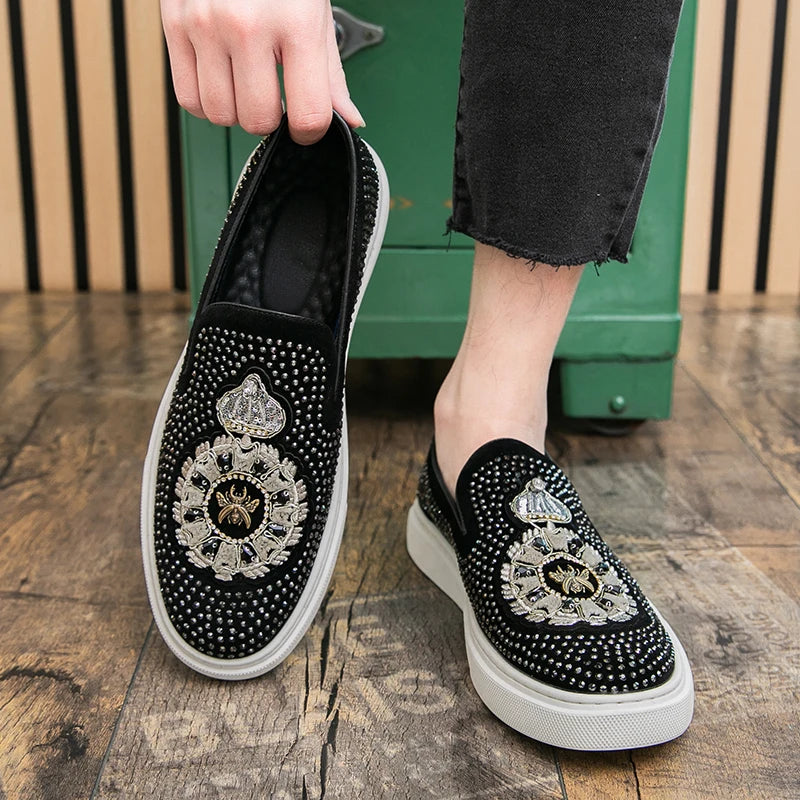 Embroidery With Rhinestone Spikes Loafers