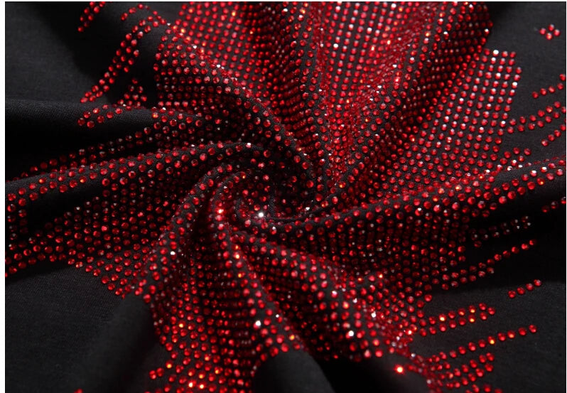 Red Rhinestones Cotton Skull T-Shirt