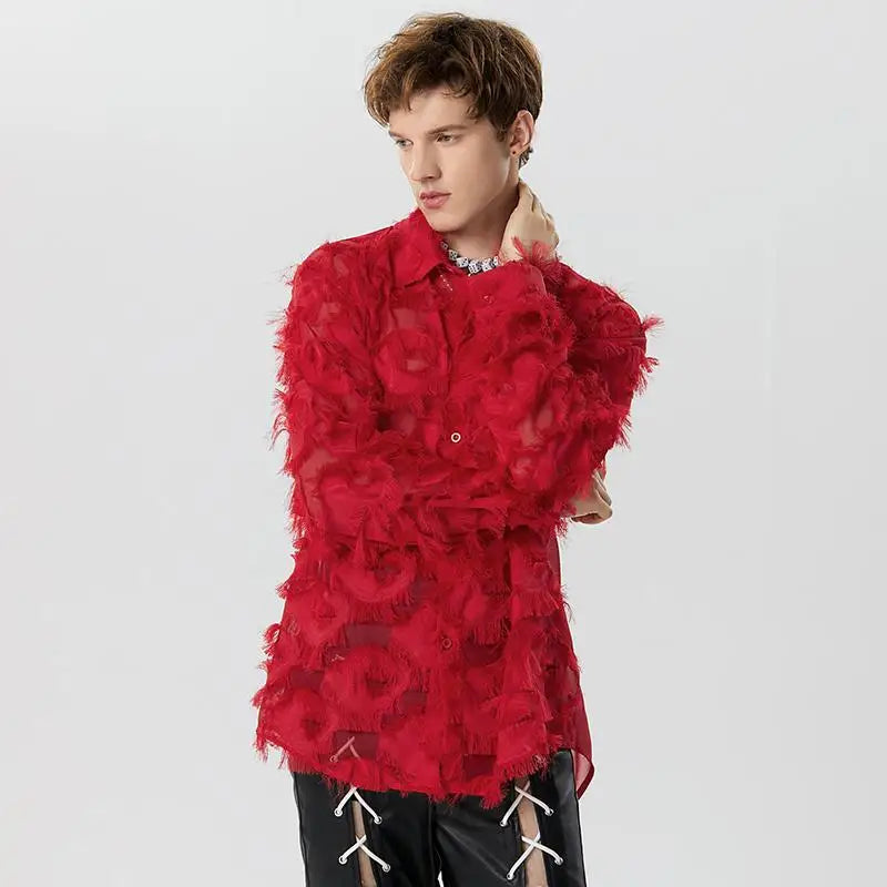 Bright Red Tassel Lapel Long Sleeve Shirt
