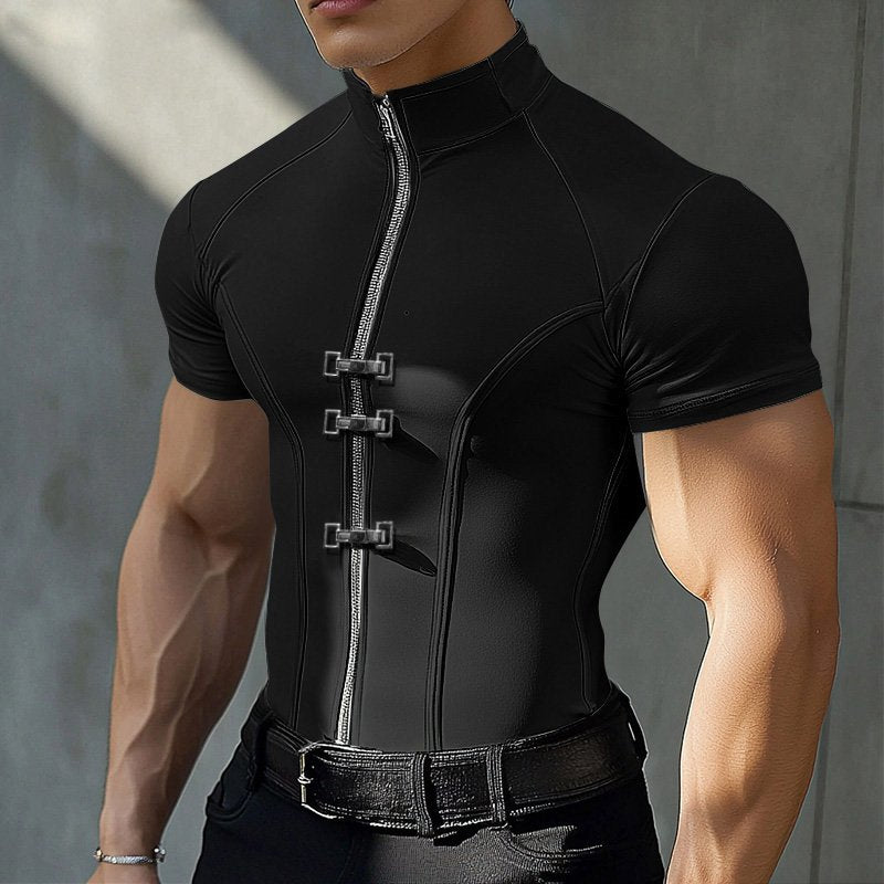 Solid Metal Buckle Zipper T-Shirt