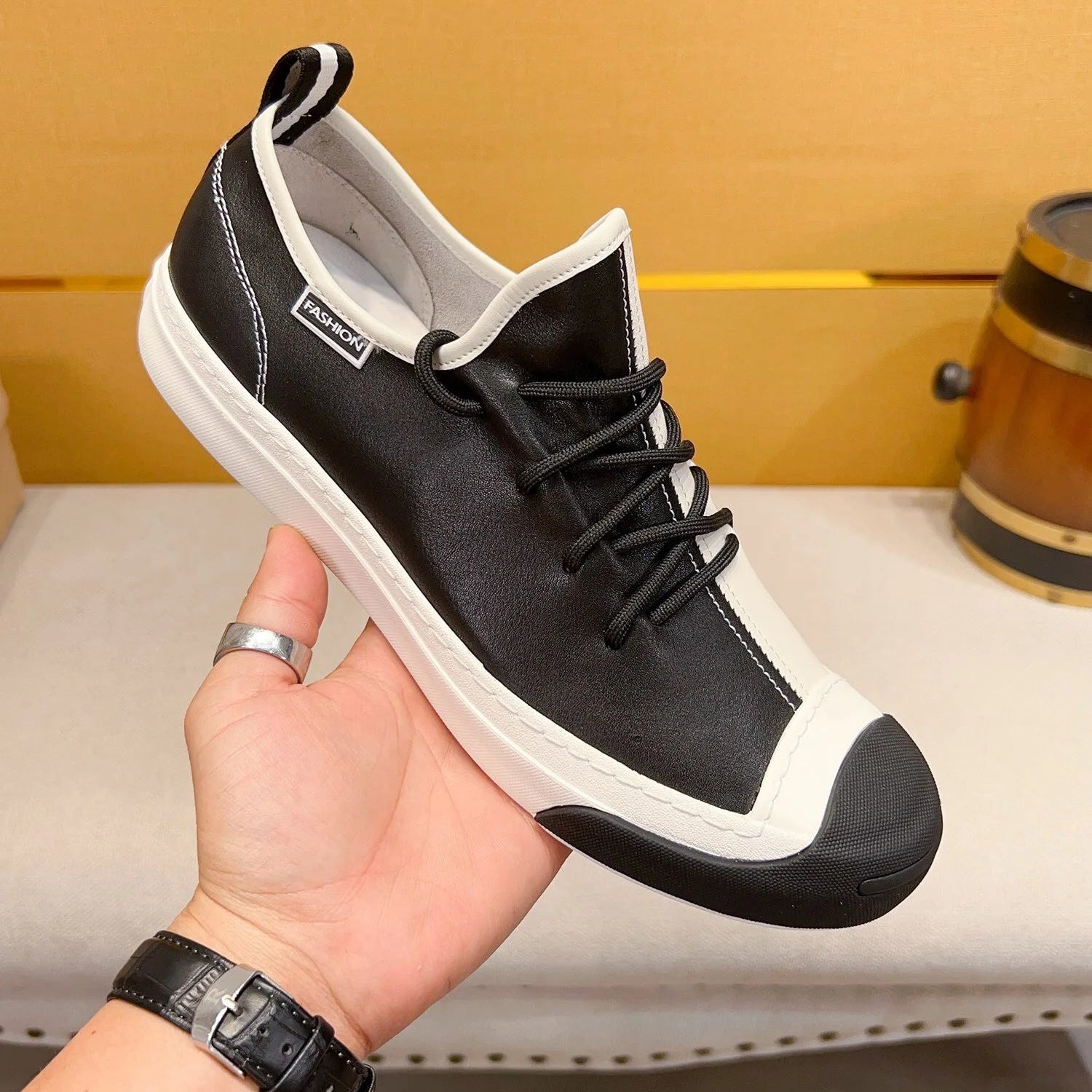 Split Color Black & White Leather Sneakers