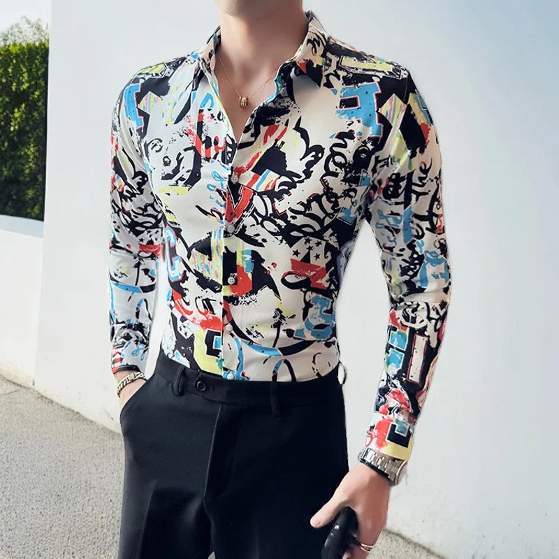 Streetwear Graffiti Printed Long Sleeved Men Shirt