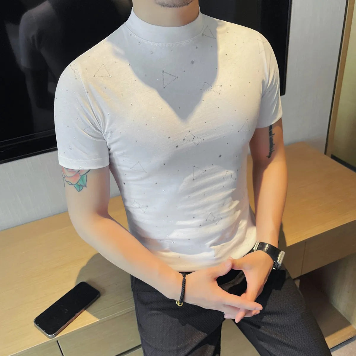 Luminous Stars Pattern Slim-Fit T-Shirt